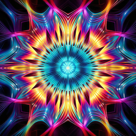 an abstract image showcasing a vibrant star pattern formed by bright colored lines. this psychedelic art nouveau-inspired creation combines realistic and fantastical elements, resulting in vivid energy explosions. with its bold and vibrant composition, ultra-detailed features, and symmetrical design, this celestialpunk artwork is a captivating visual experience. ai generatedの素材