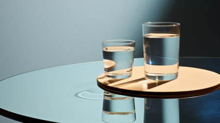 two glasses of water sit on a black and white plate, showcasing the artistic style of carl kleiner. the plate features a combination of light sky-blue and light indigo hues, adding a touch of elegance. the focus on materials is evident, with the use of wood by jean nouvel in creating ephemeral installations. the image captures reflex reflections, creating a visually captivating scene. ai generatedの素材
