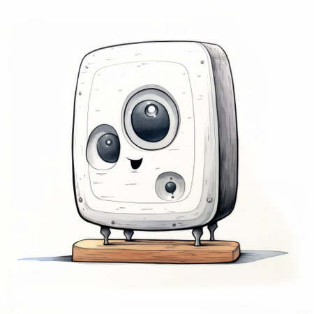 a cute robot illustration with an edgy touch, resembling pinhole cameras. the frontal perspective showcases its unique design, resembling a wood sculptor. the color palette of white and gray adds to its modern aesthetic. this illustration combines elements of security cameras and cubo-futurism, creating a visually striking piece. ai generatedの素材