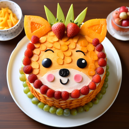 a small round cake shaped like a giraffe, decorated with fruits, in the style of caninecore. the meticulous design showcases lively facial expressions. captured with a ricoh ff-9d camera, the cake features vibrant red and orange colors. elaborate fruit arrangements add an extra touch of artistry, while the photo invites texture exploration. ai generatedの素材