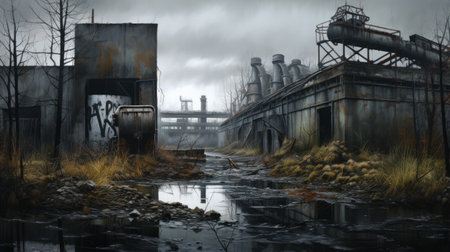 an eerie matte painting depicting an old industrial building, adorned with rusty pipes. the dark and foreboding landscape, reminiscent of aleksander gierymski's style, creates a desolate and soggy atmosphere. the black and white imagery adds to the haunting allure of this cryengine masterpiece. ai generatedの素材