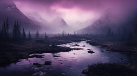 a photo featuring a captivating dark scene with a purple sky and a river in the foreground, reminiscent of the style of max rive. the soft and dreamy tones add to the romanticized depictions of wilderness, creating a misty gothic atmosphere. this national geographic-worthy image captures the essence of donald pass. ai generatedの素材