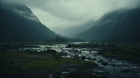 a dark clouded forest, surrounded by majestic mountains, is captured in this 8k resolution photograph. the luminosity of the water adds a romantic touch to the scene, reminiscent of whistlerian landscapes. the narrative-driven visual storytelling evokes a post-apocalyptic imagery, creating a captivating and immersive experience. this stunning photograph was taken with a ricoh r1 camera. ai generatedの素材