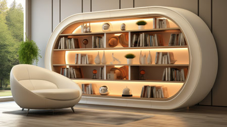 a white bookcase filled with numerous books, showcasing a futuristic design with rounded and cartoonish features. the light amber and beige tones create a realistic lighting effect, adding a lively touch to the interior. the bookcase is made of leatherhide, merging modern aesthetics with functionality. ai generatedの素材