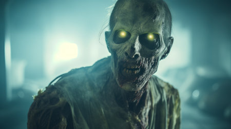 zombie monsters in cinematic lighting with a solarization effect. this 32k uhd photo showcases dark gold and aquamarine tones, capturing the essence of the environment. the high-key lighting enhances the eerie atmosphere, while the schizocore theme adds a unique touch to this captivating environmental portraiture. ai generatedの素材