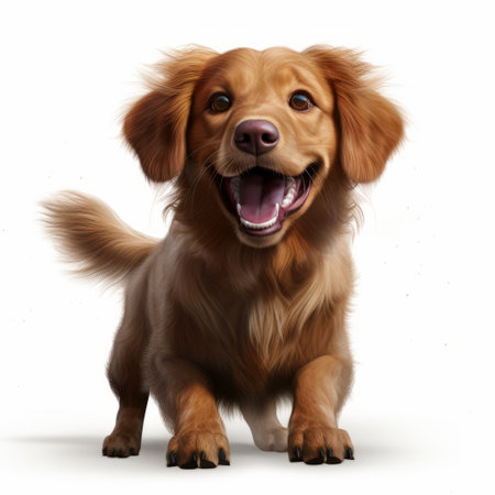 a yellow puppy dog, dressed up and standing on a white background, is captured in a high-speed sync style. the hyper-realistic animal illustration showcases light red and gold tones, capturing candid moments. this interactive media piece, shot on kodak colorplus film, emphasizes the adorable facial expression of the puppy. ai generatedの素材