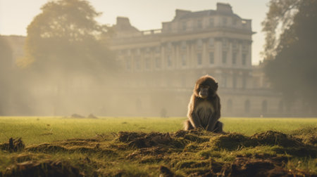 a majestic monkey stands in front of somerset house, surrounded by moss-covered trees and a hint of mist. the early morning light casts a soft spotlight on the monkey, highlighting its majestic presence. the backdrop of somerset house and remnants of old buildings create a stone circle effect. the image captures the beauty of the studio ghibli forest with sharp details and a soft, enchantingの素材
