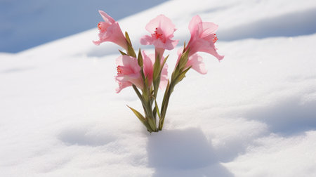 three small pink flowers delicately bloom amidst a snowy landscape, captured in a stunning photograph. this daz3d-inspired image showcases the artistry of sculpture-based photography, with a focus on backlit lighting techniques. the creative commons attribution allows for sharing and adaptation. the soft sculpture elements and miniature dioramas create a precise and captivating composition. ai generatedの素材