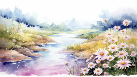 a stunning watercolor landscape illustration featuring a beautiful landscape with flowing textures and vibrant colors. this uhd image showcases sparkling water reflections, light magenta and white flowers, and a sky-blue and yellow sky. ai generatedの素材