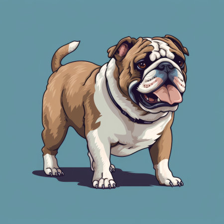 a highly detailed and realistic cartoon illustration of a bulldog puppy. this playful and ironic portrait showcases the dog's adorable features in a style that combines light maroon and azure colors. the illustration is characterized by high-contrast shading, with dark navy and light beige tones adding depth to the artwork. the pixel art technique adds a unique touch to this charming cartoon dog illustration. aiの素材