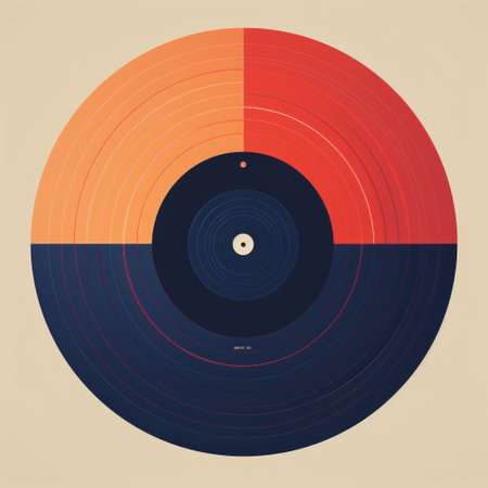 a modern saturday by eugene buchner captured in simplistic vector art style. the image features musical color fields, circular shapes, and a color palette of dark orange and light navy. reminiscent of iconic album covers, the birds-eye-view composition and symmetrical balance add to the overall aesthetic appeal. ai generatedの素材