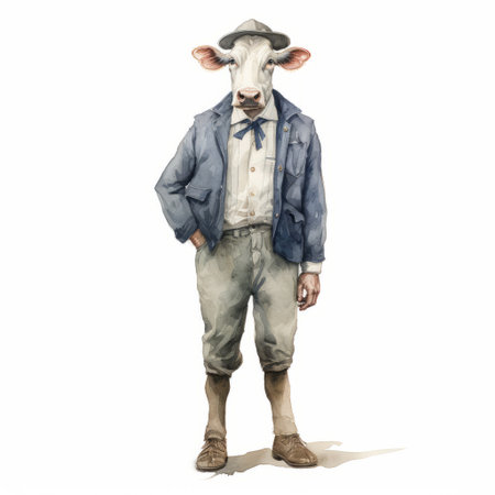 vintage watercolor lithograph illustration of a cow, rendered in a cinema4d style. the cow is depicted wearing a stylish costume design, created using daz3d. the artwork showcases hyper-realistic portraiture with a post-apocalyptic theme. the color palette consists of white and navy, enhancing the inventive character designs. ai generatedの素材