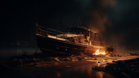 a fire burning in the middle of the water, rendered in the style of unreal engine, showcases dark and gritty subject matter inspired by dutch marine scenes. the vray tracing technique adds an eerie realism to the scene, highlighting the rusty debris and hyper-detailed renderings. ai generatedの素材