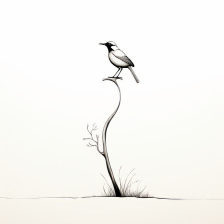 a bird perched atop a tree, depicted in a minimalistic drawing style. the artwork showcases intricate details with contrasting shades of dark white and dark bronze. the composition exudes a sense of poetic minimalism, reminiscent of caricature-like illustrations. the brushstroke fields and minimalistic metal sculptures add depth and texture to the overall aesthetic. ai generatedの素材