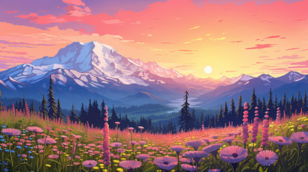 colorful mountains on the horizon in the distance, featuring intricate and delicate flower and garden paintings. the realistic hyper-detailed rendering captures the essence of the scene, reminiscent of whistlerian art. the flat shading technique adds depth to the plein air-inspired 2d game art, resulting in vibrant and captivating illustrations. ai generatedの素材