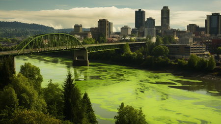 a green liquid-filled bridge in the heart of the city, captured with a nikon d750 camera, showcases the artistic influences of lowbrow, washington color school, and revived historic art forms. this hazy landscape, reminiscent of the palewave aesthetic, exudes a unique charm and captures the essence of urban beauty. ai generatedの素材