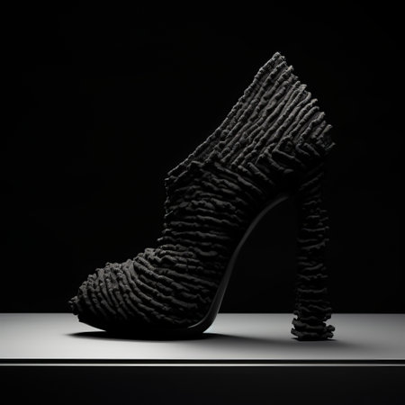 origami shoe inspired by ursula von rydingsvard, featuring a dark tonality and contemporary faux naf style. the shoe is captured by nick knight against a black background, showcasing its luxurious textures and densely textured or haptic surface. ai generatedの素材