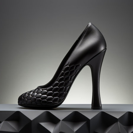 black high heel shoes with a boldly textured surface, made of plastic, are placed on a triangular shape. the shoes exhibit a contrast of scale and feature highly detailed figures. the tonal sharpness and leatherhide material add to the overall appeal, while the grid pattern enhances the visual interest. ai generatedの素材