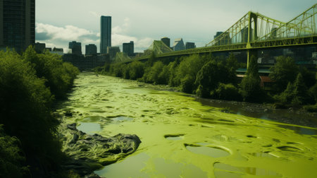 a river covered with green slimepunk material, showcasing the essence of american urban life. this associated press photo by jeff soto captures the frequent use of yellow and luminous shadowing, creating a visually striking image. the scene also highlights the importance of environmental activism. ai generatedの素材