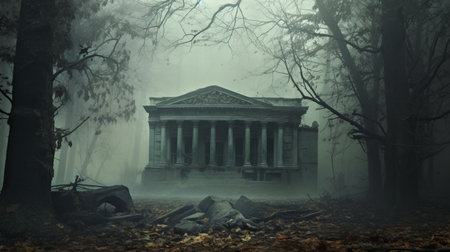 stone building in the woods, enveloped by dense fog. this neoclassical structure evokes a sense of mystery and intrigue. inspired by horror academia and hyperrealistic cityscapes, it resembles the works of konstantinos parthenis. with elements of cinematic montages and neo-academism, this eerie scene sets the perfect ambiance for halloween. ai generatedの素材