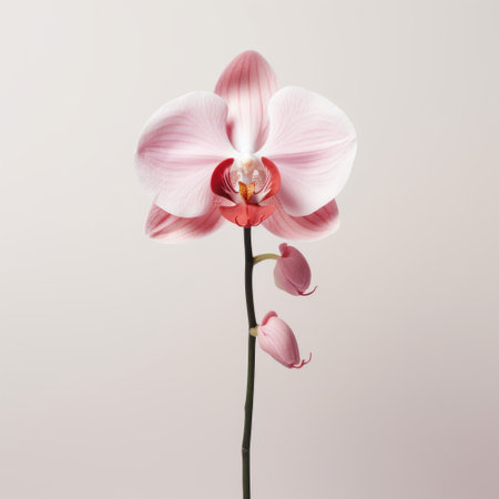 an orchid with two red petals is showcased on a gray surface in this minimal retouching style photograph. the monochromatic color scheme of light pink and light bronze adds a subtle elegance. the softbox lighting enhances the realistic detailing of the orchid, highlighting its nature-based patterns. captured with a long lens, this image offers a stunning view of the delicate flower. ai generatedの素材