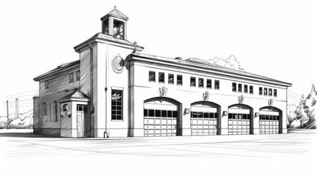 a black and white drawing of a fire department building, showcasing elegant outlines and clean, simple designs. this lifelike rendering, in the style of octane render and david nordahl, combines traditional and modern elements, reminiscent of the fusion seen in jessie arms botke's artwork. ai generatedの素材