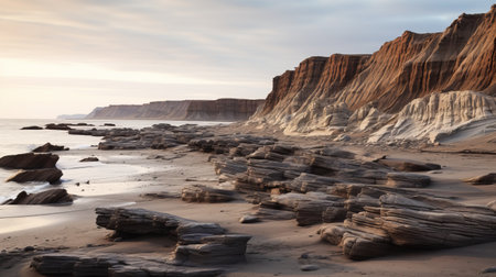a stunning coastal landscape featuring cliffs adorned with large rocks, resembling layered veneer panels. the dusty piles and schlieren photography techniques capture the essence of the desertwave atmosphere, enhanced by the soft light. this breathtaking 32k uhd photograph, taken by the associated press, showcases the mesmerizing beauty of this coastal scene. ai generatedの素材