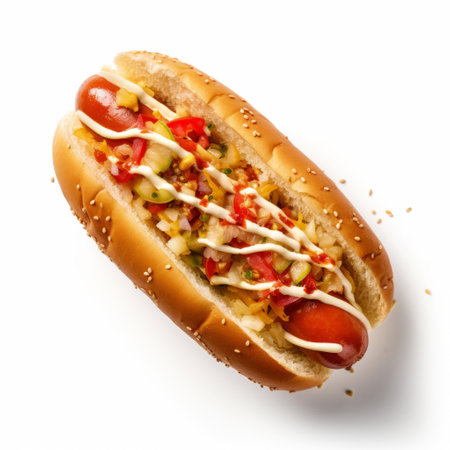 a digitally manipulated image of a hot dog on a bun with condiments. this visually striking photo has a crisp and clean look, thanks to post-processing techniques. the hot dog stands out against the white background, with dotted details adding a unique touch. this image embodies elements of both caninecore and yankeecore aesthetics. ai generatedの素材