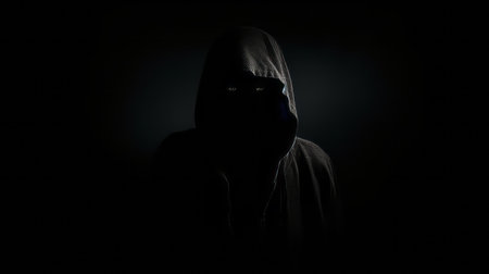 a man in a dark hood stands in the night, exuding a strong facial expression. the photo showcases a subtle play of light and shadow, with a low resolution adding to its mysterious allure. the image has a soft-edged quality, creating an atmosphere of violence and heistcore aesthetics. ai generatedの素材
