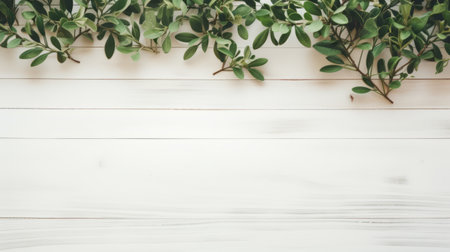 eucalyptus vine gracefully adorns a white wooden wall in this captivating tabletop photograph. the uhd image showcases a muted color palette, with a harmonious blend of dark white and light green tones. whimsical elements add a touch of charm, while the traditional color scheme creates a clean and streamlined aesthetic. ai generatedの素材