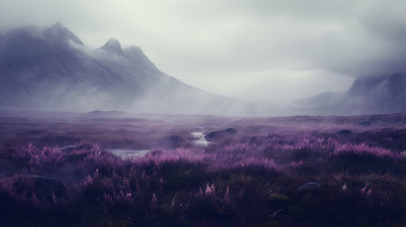 an empty field is enveloped in a mystical fog, while vibrant purple grass adds a touch of enchantment. this captivating photo captures the essence of scottish landscapes, with flowing textures reminiscent of the works of dan matutina. the post-processing enhances the whistlerian atmosphere, creating romantic riverscapes. the dark pink and silver hues add a mesmerizing touch to this ethereal scene. ai generatedの素材