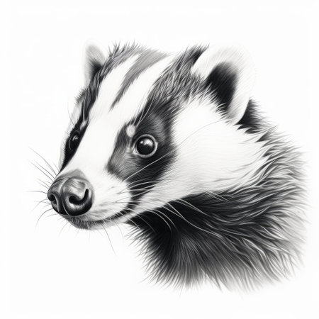 a black and white pencil drawing of a badger, showcasing a simplified and stylized portrait in the style of colorful realism. the drawing features smooth and shiny lines, creating a realistic yet simplified portrayal. the color palette includes light beige and magenta, adding a touch of delicacy to the overall illustration. ai generatedの素材
