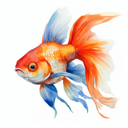 a stunning fish watercolor illustration showcasing fluid dynamic brushwork and realistic color schemes. the artwork features vibrant shades of red and gold, as well as light blue and orange. the animal figurines are intricately detailed, displaying a precisionist style. this captivating piece was the well-deserved winner of a contest. ai generatedの素材