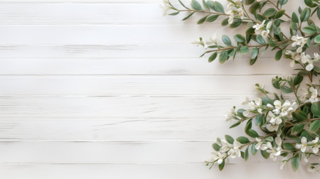 yew foliage adorns a white wooden frame, resembling delicate flowers. the minimalist background enhances the striped arrangements, creating a light and airy atmosphere with a touch of white and silver. the rustic americana theme is complemented by the spectacular backdrops, all while maintaining a traditional color scheme. ai generatedの素材