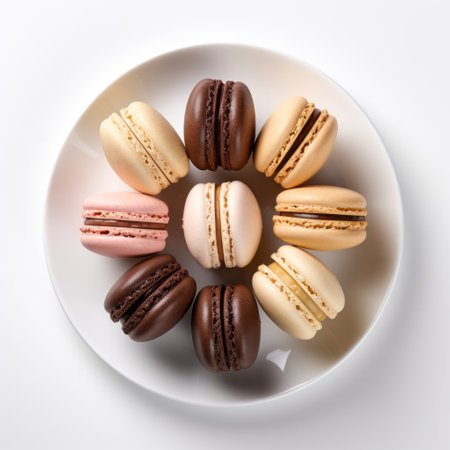 a white plate of french macarons is beautifully arranged on a table, showcasing tonal variations in light pink and dark amber. this commercial imagery captures the symmetrical asymmetry of the macarons, with chromatic variations in light yellow and dark brown. the photo was taken with an iso of 200. ai generatedの素材