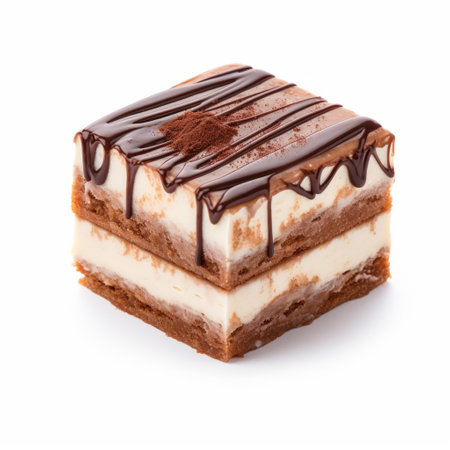 a chocolate dessert featuring a slice of cake topped with cream and a decadent chocolate drizzle. this visually appealing treat showcases the artistic techniques of quadratura, split toning, and multilayered dimensions, resulting in a clean-lined presentation. ai generatedの素材