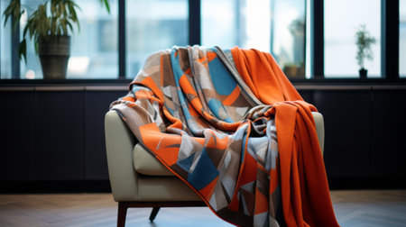 two chairs in a living room, adorned with a blanket in a harmonious blend of dark orange and dark aquamarine. the sustainable design showcases indigenous motifs, complemented by the light silver and orange accents. the color palette also includes light sky-blue and dark orange, creating a visually captivating atmosphere. captured with fujifilm eterna vivid 500t film. ai generatedの素材
