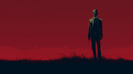 a 3d zombie dead red wallpaper in the style of jon mcnaught, featuring minimalist landscapes reminiscent of michael carson and frank quitely. the dark palette and cross-processed film technique create a unique atmosphere, while the colored cartoon style adds a touch of whimsy. ai generatedの素材