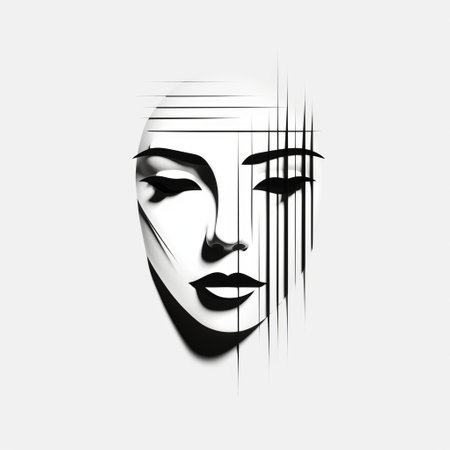 a black and white abstract illustration of a woman's face, featuring two lines intersecting with a face in the middle. this 3d, minimalistic artwork resembles urban emotions and is reminiscent of streaked, paper cut-outs and tattoos. ai generatedの素材