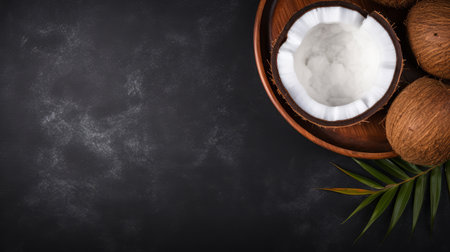 coconut and leaves arranged on a dark tabletop background, showcasing a top view perspective. the composition features layered imagery with a touch of subtle irony. the soft mist adds a dreamy atmosphere, while the bentwood and textural elements create a visually appealing and layered effect. inspired by asian simplicity, this commercial imagery captures the essence of natural beauty. ai generatedの素材