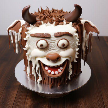 the big head cake is a stunning creation adorned with a unique combination of brown and pink colors. its design draws inspiration from mythical beasts, incorporating elements of vray tracing and twisted characters. the cake features a captivating blend of dark white and dark brown hues, reminiscent of the artistic styles of oleksandr bogomazov and rudolph belarski. crafted with the finest raw materials, this cakeの素材