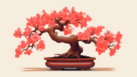 a vibrant bonsai tree with pink flowers sits in a pot, resembling hyperrealistic illustrations. created by chuah thean teng using zbrush, the artwork showcases a blend of light red and light brown tones. the tree's classical proportions and trace monotone technique add depth to the captivating illustration. ai generatedの素材