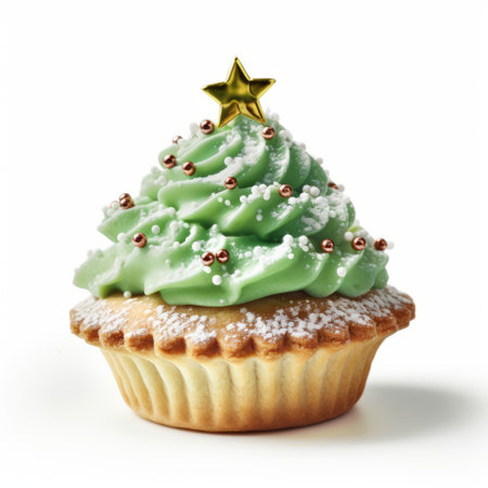 a small green christmas tree doughnut cupcake with a star on top, captured in an ornate and creased style reminiscent of an associated press photo. the cupcake is light green in color and has a larme kei aesthetic, giving it a unique and eye-catching appearance. this high-resolution 32k uhd image is a delightful representation of festive treats. ai generatedの素材