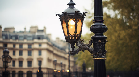 a metal lamp post in the city, featuring baroque-inspired lighting style. the street scene captures vignettes of paris, with a touch of opulence. the photo, taken by elizabeth gadd and shared on flickr, showcases the lamp post's light gray color and dark amber accents. the selective focus adds a luxurious feel to the composition. ai generatedの素材