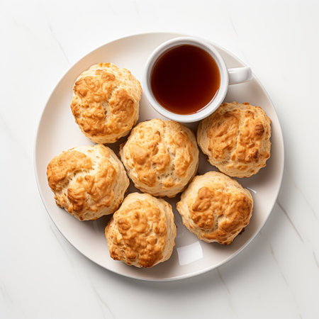 brittie scones with coffee, captured in a tabletop photography style. these traditional chinese treats are showcased against a light gray backdrop, featuring elements of bloomcore and loose linework. the highly polished surfaces of the scones and the creased texture add an enticing visual appeal. ai generatedの素材