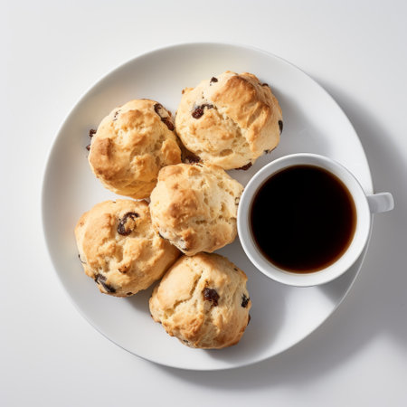 crinkle scones and a cup of coffee are captured in this 8k resolution photograph. the bold chromaticity of dark brown and white creates a striking contrast against the white background. with a touch of chinapunk style, this image is infused with social commentary. shot on fujifilm provia, it showcases the intricate details of the crinkle scones and the rich colors of the coffee. ai generatedの素材