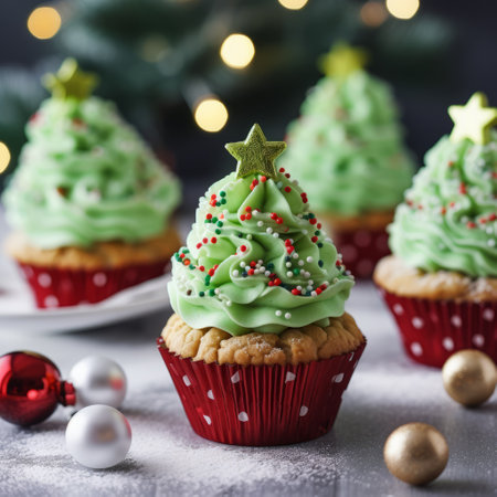 three christmas tree-decorated cupcakes are captured in this photo by pierre pellegrini. the selective focus technique highlights the festive details of the cupcakes, which feature light green and red colors. taken in 1000x1400 ce, this high-resolution 32k uhd image showcases the artistry and holiday spirit of these delectable treats. iso 200. ai generatedの素材