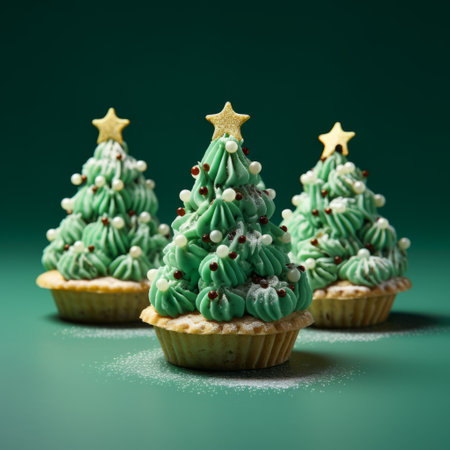 three mini christmas trees with frosting sit on a green surface, creating a visually stunning scene. the photographically detailed portraitures capture the essence of mori kei, while the uhd image showcases the intricate details. reminiscent of storybook illustrations, these photorealistic compositions are truly captivating. the contrasting elements add depth and intrigue to this beautiful display. ai generatedの素材