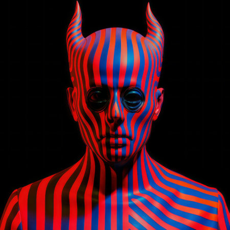 an animated poster featuring a demon with horns, showcasing optical illusion body art. the poster incorporates elements of color stripes, new american color photography, redshift, isolated figures, minimalistic portraits, and pop-inspired realism. ai generatedの素材