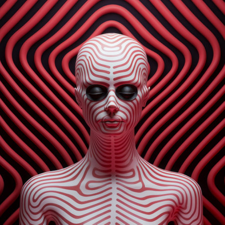 a 3d render featuring a captivating avant-garde portrait style. the image showcases a prominent skeleton against a striped background, combining light white and crimson hues. the composition incorporates wavy lines, organic shapes, and striking symmetrical patterns, creating an alienpunk vibe. this visually stunning artwork presents the human form with a unique blend of geometric aesthetics. ai generatedの素材